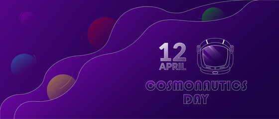 Cosmonautics Day vector banner. Violet abstract background with planets. With the inscription and the image of the helmet of the astronaut. International Day of the first manned space flight.