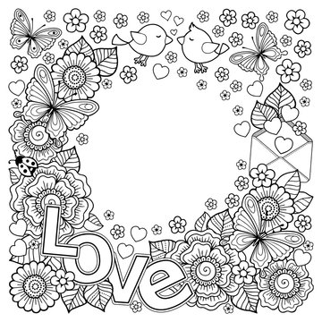 Vector coloring book for Adult. Design for wedding invitations and Valentine's Day of abstract flowers, hearts, envelope, arrow, heart, bird, kiss, butterfly