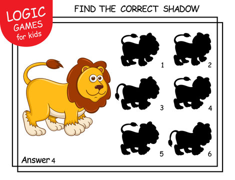 Find the correct shadow. Cute cartoon young Lion. Educational matching game for children with cartoon character. Logic Games for Kids. Learning card with task for children preschool and kindergarten.