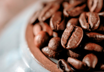 coffee beans close- up on a round blue plate. side view