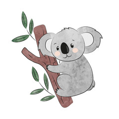 Cute cartoon koala isolated on white. Vector watercolor illustration. - obrazy, fototapety, plakaty