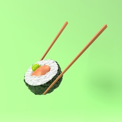 Sushi y palillos aislados en verde