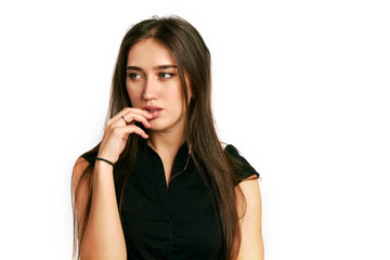 Portrait of beautiful young woman in black. Model girl with differents emotions.