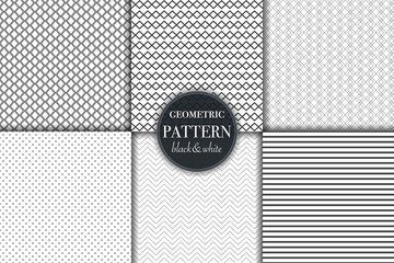 Set of 6 black and white grayscale geometric pattern background. Abstract line, dot retro style vector illustration for wallpaper, flyer, cover, banner, design template minimalistic ornament, backdrop