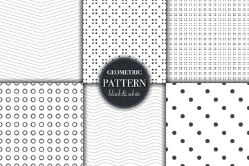 Set of 6 black and white grayscale geometric pattern background. Abstract line, dot retro style vector illustration for wallpaper, flyer, cover, banner, design template minimalistic ornament, backdrop