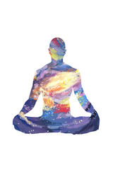 Man is sitting in lotus meditation pose. Bright galaxy- silhouette. Clip art on white background
