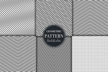 Set of 6 black and white grayscale geometric pattern background. Abstract line, dot retro style vector illustration for wallpaper, flyer, cover, banner, design template minimalistic ornament, backdrop