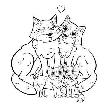 Cute cartoon wolf family vector coloring page outline. Male and female wolves with their cubs. Coloring book of forest animals for kids. Isolated on white background