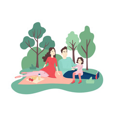 Obraz na płótnie Canvas Happy family at picnic in park. Young smiling man? womfn and kid eating food on geen grass. Flat cartoon vector illustration.