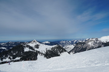 The top of the skiing slope in Hoch Ybrig Switzerland with view to the valley, showing partly Lake Sihl, canton Schwyz