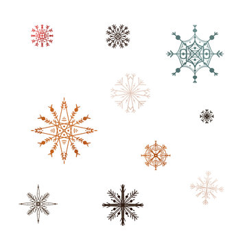 Multi-colored snowflakes are drawn by hand textural cute digital art. Print for cards, banners, posters, wrapping paper, packages, boxes, stickers, fabrics.