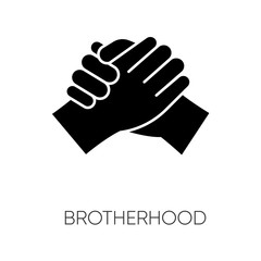 Brotherhood black glyph icon. Strong friendship, interpersonal bond, Togetherness, unity and fellowship silhouette symbol on white space. Manly handshake vector isolated illustration