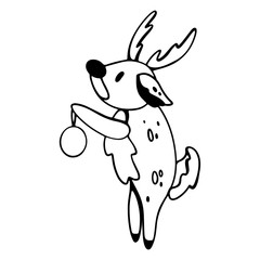 Obraz na płótnie Canvas Deer with a ball in its paws cute outline doodle digital art. Print for cards, banners, posters, wrapping paper, packages, boxes, stickers, fabrics, coloring for children and adults.