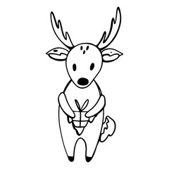 Deer with a box in its paws cute outline doodle digital art. Print for cards, banners, posters, wrapping paper, packages, boxes, stickers, fabrics, coloring for children and adults.