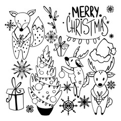 Naklejka premium Fox, deer, christmas tree, gifts, snowflakes, lettering happy cute outline doodle digital art. Print for cards, banners, posters, wrapping paper, packages, boxes, stickers, fabrics.