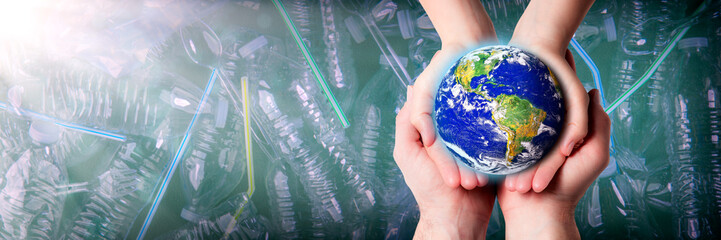 Caring Hands Of Man And Woman Protecting Earth From Plastic Pollution - Earth Day / Care For The Environment Concept - Some Elements Of This Image Were Provided By NASA