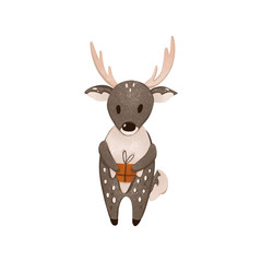 Spotted brown deer with a box in his hands. Textural cute digital art. Print for cards, banners, posters, wrapping paper, packages, boxes, stickers, fabrics.