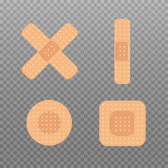 Set of different shape medical bandages. First aid band plaster strip. Flat design medical patch icon. Vector illustration	