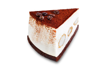 Tiramisu cake decorated with coffee beans on a white isolated background
