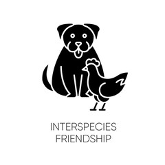 Interspecies friendship black glyph icon. Bond between domestic animals, friendly relationship silhouette symbol on white space. Dog and chicken getting along vector isolated illustration