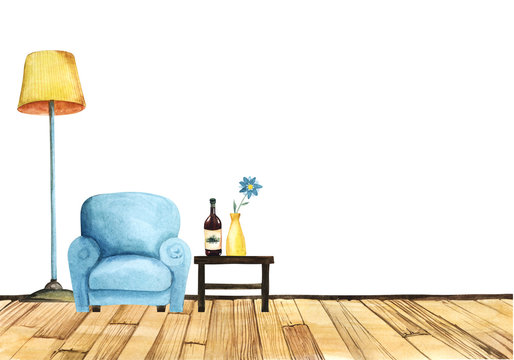 Bottom border with furniture objects on wooden floor against white background. Blue armchair, yellow torchiere and coffee table with wine bottle and vase with flower. Watercolor template illustration.