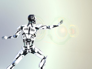 Robot that works with virtual display. Concept of reality reality or artificial intelligence technology. 3d illustration