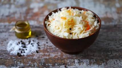 Sauerkraut in a bowl. Probiotics Fermented foods.