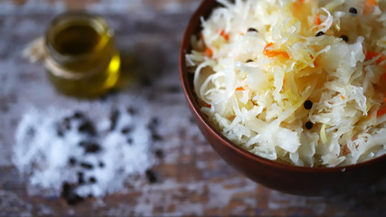 Sauerkraut in a bowl. Probiotics Fermented foods.