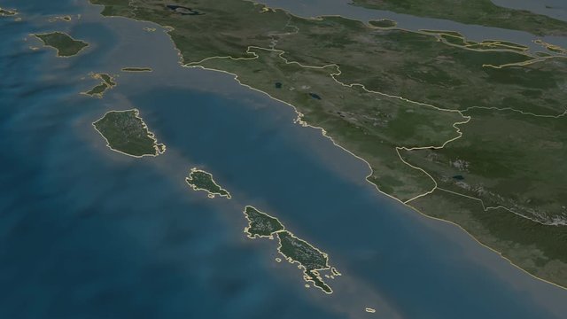 Sumatera Barat, province with its capital, zoomed and extruded on the satellite map of Indonesia in the conformal Stereographic projection. Animation 3D