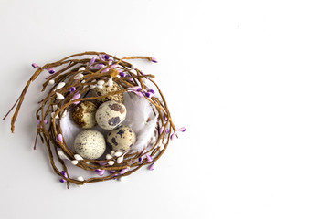 Happy easter background. Quail eggs in a nest on a white background. Copy space.Top view