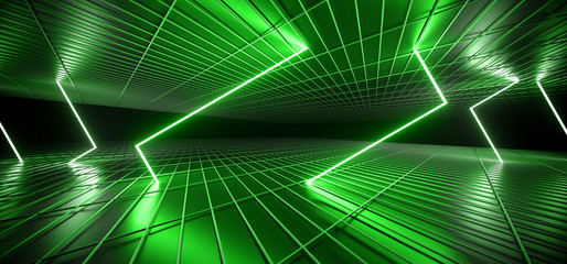 Futuristic Sci Fi Dark Club Dance Rectangle Shaped Neon Lights Glowing Uranium Green In Empty Reflective Mesh Grid Metal Elegant Modern Room 3D Rendering