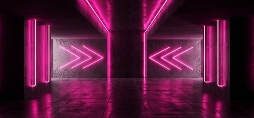 Sci Fi Arrows Shaped Neon Cyber Futuristic Modern Retro Alien Dance Club Glowing Purple Pink Lights In Dark Empty Grunge Concrete Reflective Room Corridor Background 3D Rendering
