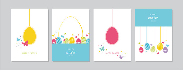 Easter cards set with hand drawn hangings eggs, butterflies and dots. Doodles and sketches vector vintage illustrations, DIN A6. - 329435363