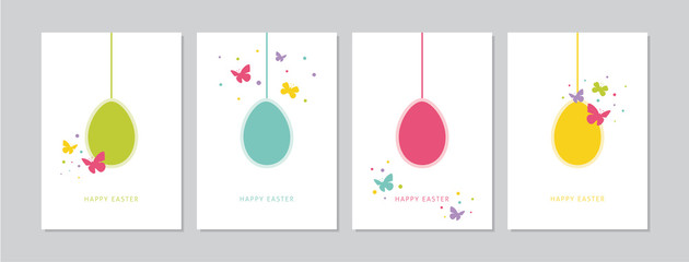 Easter cards set with hand drawn hangings eggs, butterflies and dots. Doodles and sketches vector vintage illustrations, DIN A6. - 329435364