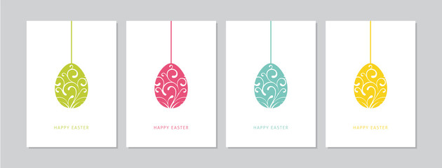 Easter cards set with hand drawn hangings ornamental eggs, with swirls. Doodles and sketches vector vintage illustrations, DIN A6.