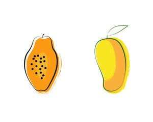 Stylized juicy mango and papaya fruit, isolated on a white background. Vector flat illustration.