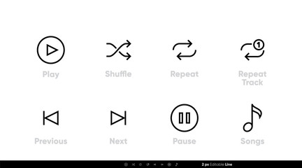 Songs and Music Control UI icons. Play, Shuffle, Repeat Track, Next, Previous and Pause vector set. Editable line vector - 329435946