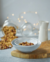 Cozy homemade breakfast with granola. A healthy start to the day. Light food photo
