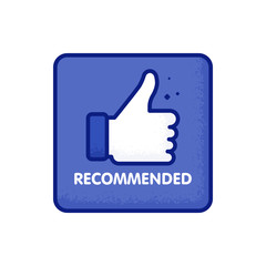 Recommended icon. Line label recommended with thumb up. Sign brand with recommended. Best tag for great brend. Banner thumb up on isolated background. Vector illustration