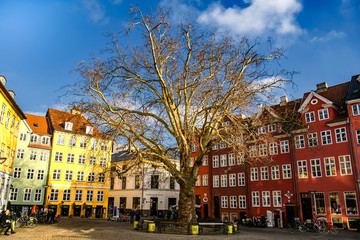 Fototapeta na wymiar Old colorful buildings at the Grabrodretorv square in Copenhagen, Denmark. February 2020