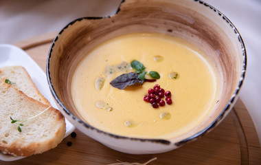 Dishes, food prepared for shooting and shot professionally. with good light. soups and porridges, delicious meat