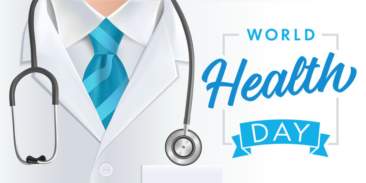 World Health Day 7 April, doctor & stethoscope banner. Concept vector illustration for Health Day with doctor, stethoscope and blue tie on background