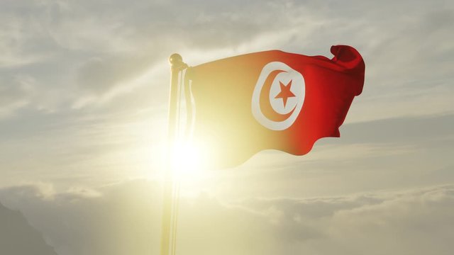 Flag of Tunisia Waving in the wind, Sky and Sun Background, Slow Motion, Realistic Animation, 4K UHD 60 FPS Slow-Motion