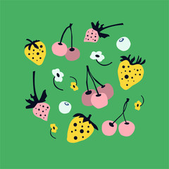 Vector flat set with fruit, strawberries, cherry, blueberry on the green background. Cartoon berries. Vegan shop, summer food. For web banners, poster, covers, package wallpaper. Elements are isolated