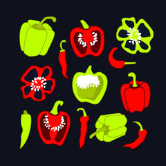 Vector cartoon set with red and green peppers isolated on dark background. Colorful flat clip art for web banners, kitchen textile, children book, vegan poster, cover, package. Organic vegetables.