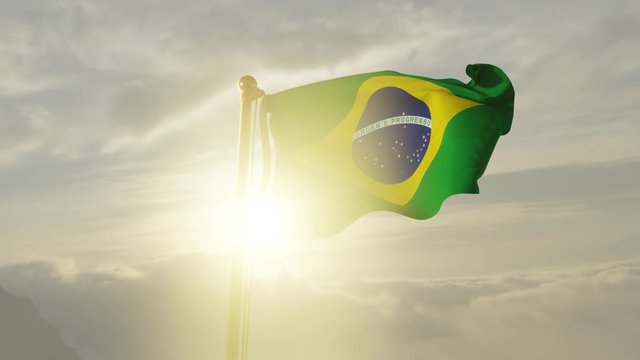 Flag of Brazil Waving in the wind, Sky and Sun Background, Slow Motion, Realistic Animation, 4K UHD 60 FPS Slow-Motion