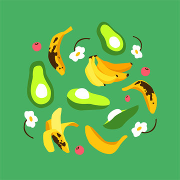 Vector fruit set with banana avocado berries on the green background. Cartoon style. Decorative vegan poster. White flowers. For flat disign, web banners, children books, covers. Elements are isolated