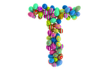 Letter T from colored Easter eggs, 3D rendering