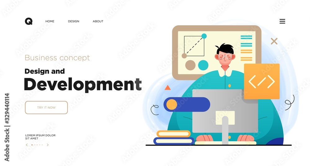 Poster design and development. landing page template with programmer or designer working in a company offic