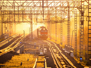 Fototapeta na wymiar Freight train in the yellow rays of the setting sun. Railroad with many tracks
